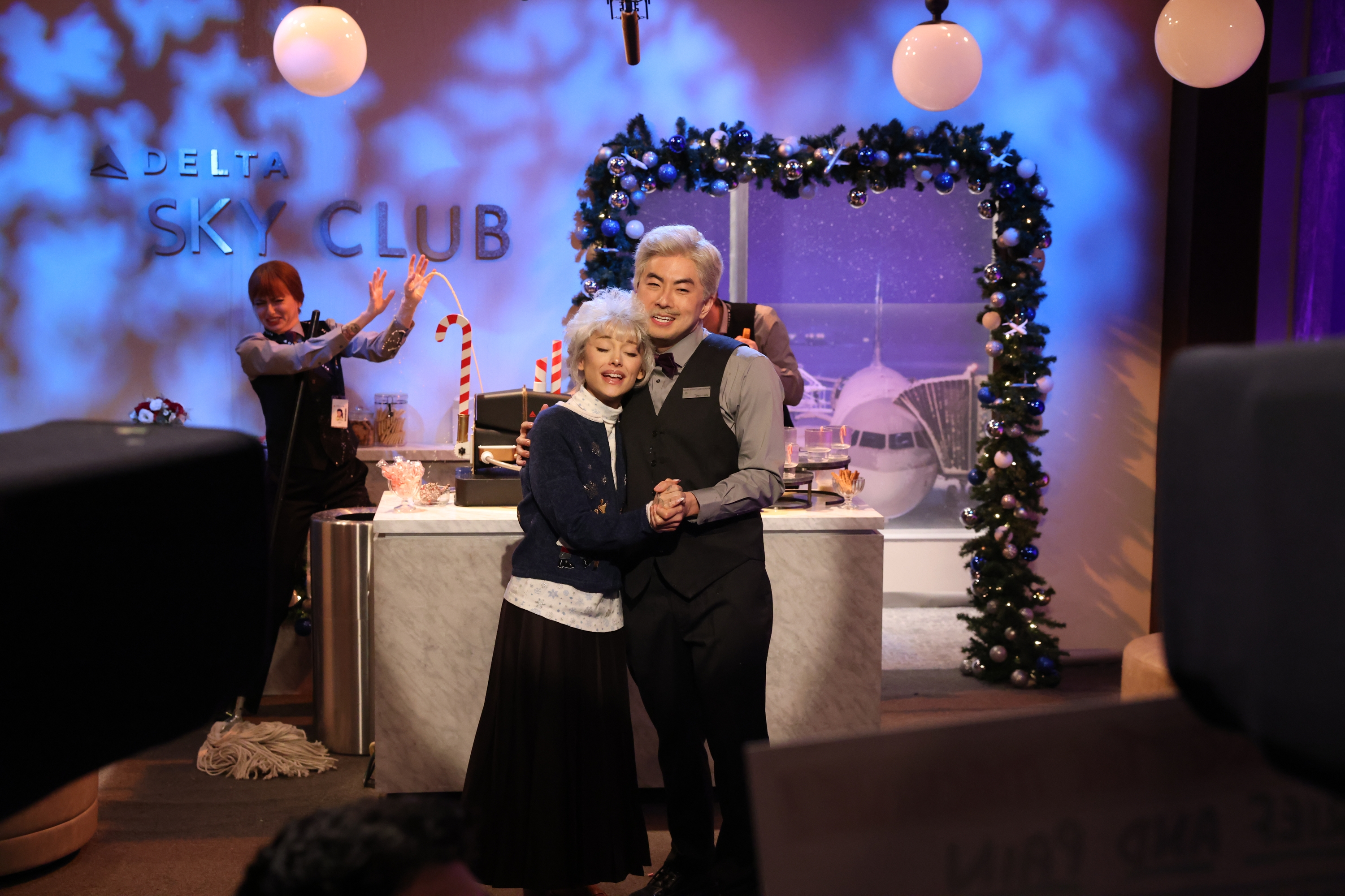 Two radical   successful  a festive airdrome  lounge airs  happily, with vacation  decorations and a level   disposable   extracurricular  the window