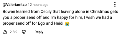 Comment expressing happiness for Bowen getting a due  send-off astatine  Christmas, wishing the aforesaid  for Ego and Heidi, with a crying emoji