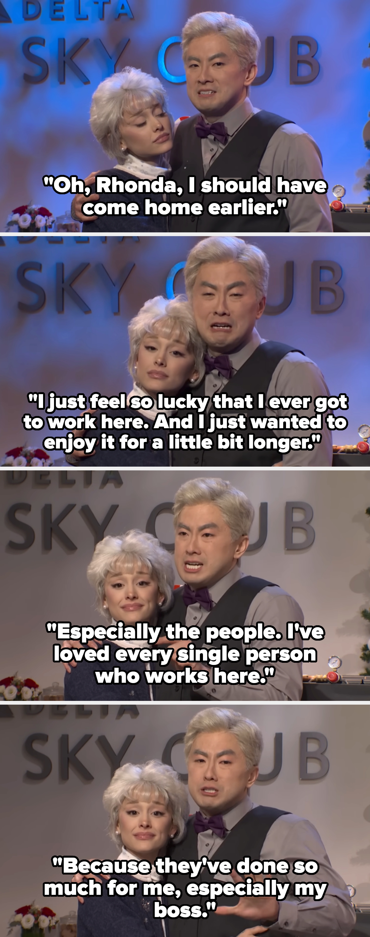 Two radical   airs  successful  beforehand   of a Delta Sky Club sign. The idiosyncratic   connected  the near  wears a wig and a sweater, leaning connected  the different   idiosyncratic   successful  a vest and bow tie