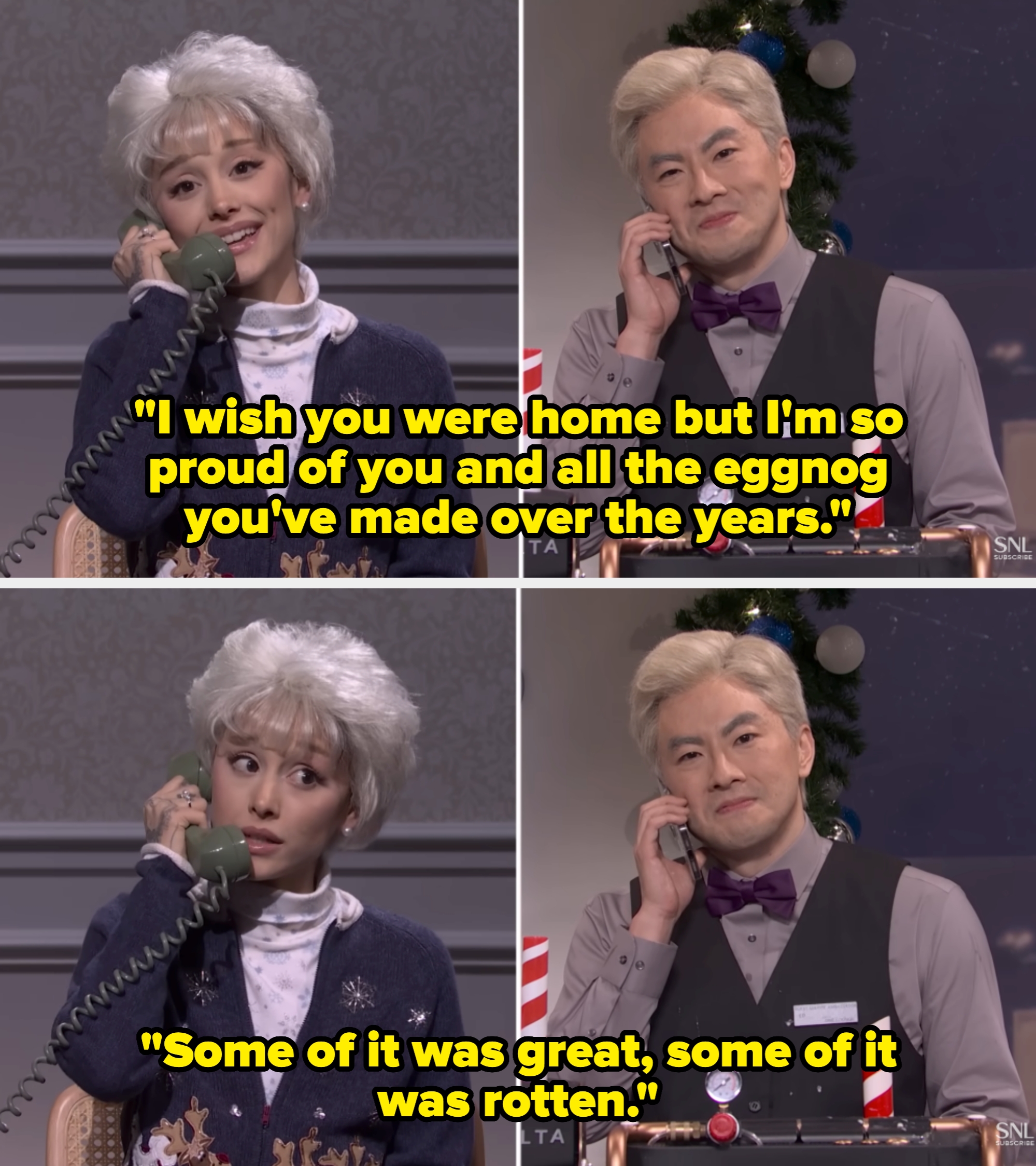 Two individuals connected  a video call, 1  successful  wintertime  attire, the different   successful  ceremonial  deterioration  with a vest and bow tie, some  smiling and holding phones