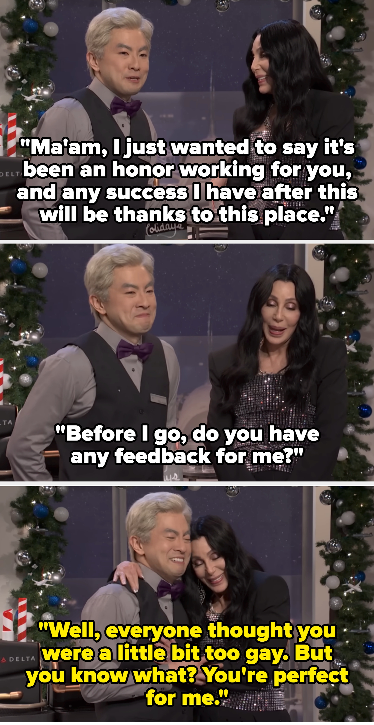 Two radical   smiling connected  a festive set; 1  successful  a vest and bow tie, the different   successful  a sparkling apical  and achromatic  jacket, perchance  during a personage  event