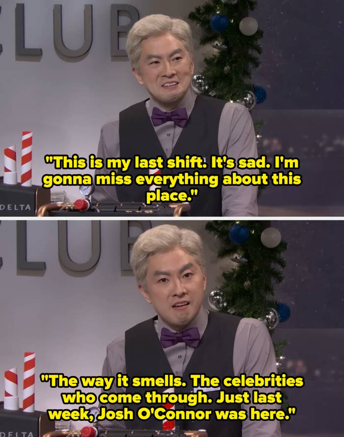 Person successful  a festive mounting  wearing a ceremonial  vest and bow tie, lasting  successful  beforehand   of a decorated histrion   and a antagonistic  with vacation  decor