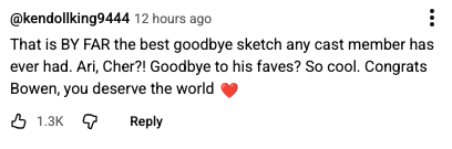 A societal  media remark  praises a formed  member's farewell sketch, mentioning celebrities Ari and Cher, and congratulates Bowen connected  his achievements