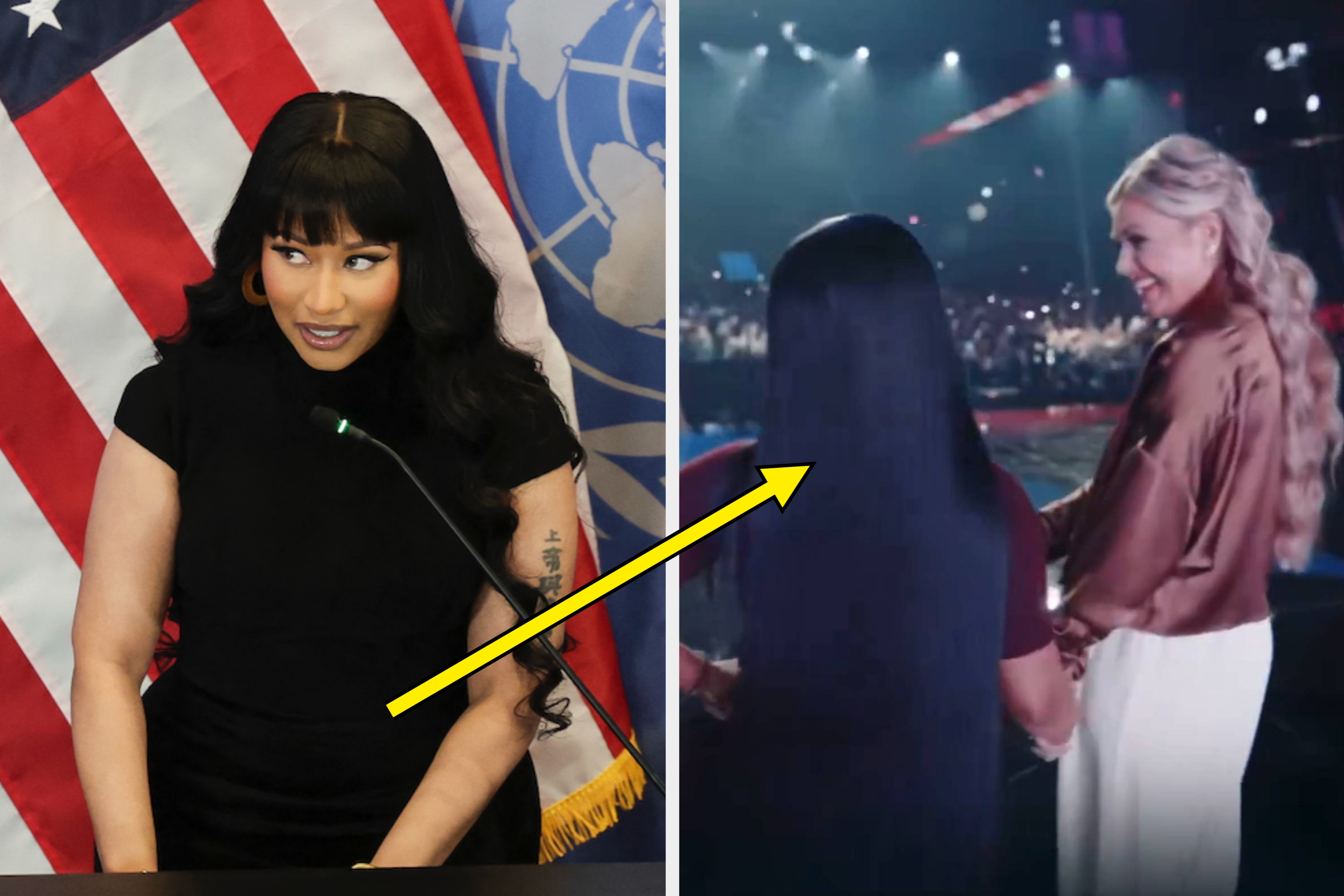 Two individuals on stage, one in a shiny blouse and long, styled hair, looking back at the other amidst an audience at a live event