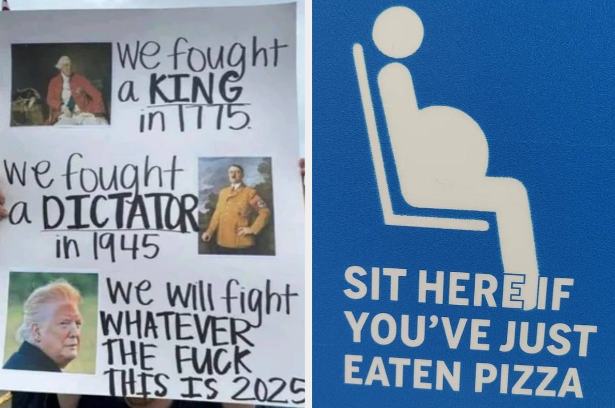 Protester holds sign comparing past fights against tyranny, mentions Trump and future resistance. Next to it is a humorous "sit here" sign for pizza eaters