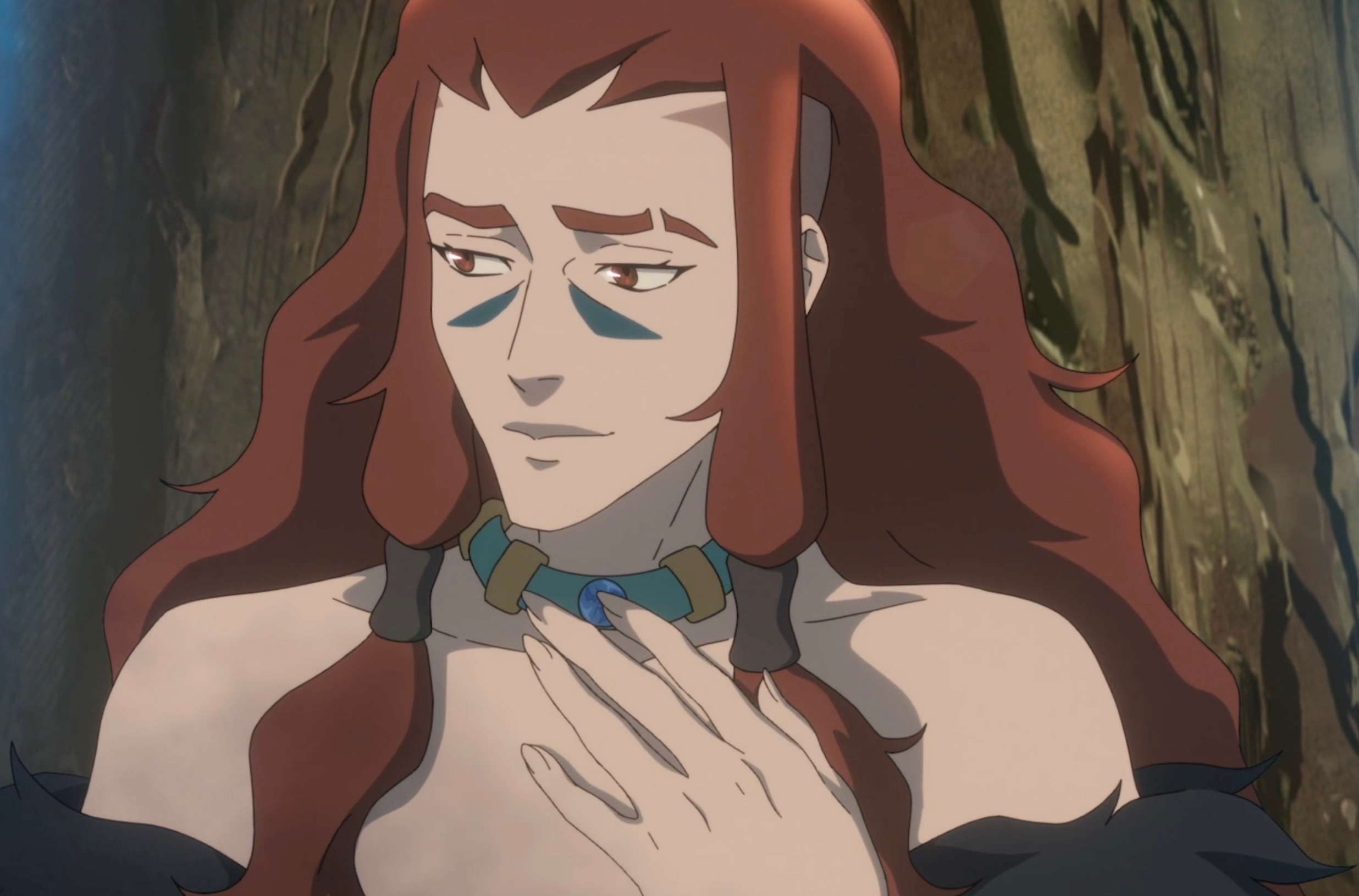 Anime quality  with agelong  hairsbreadth  and geometric look   paint, wearing a decorative choker, looks thoughtful against a blurred background