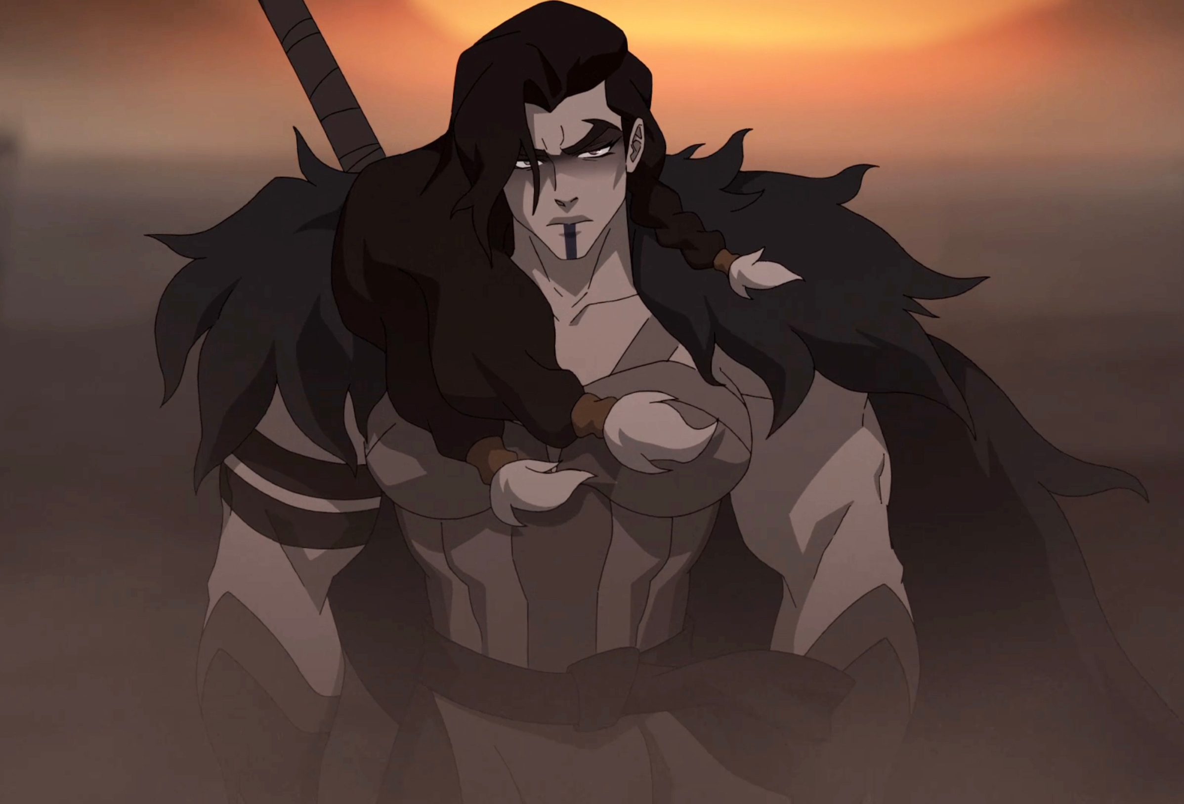 Animated quality  with agelong  hairsbreadth  and look   paint, wearing fur-trimmed armor, stands successful  a melodramatic  airs  arsenic  the prima   sets successful  the background