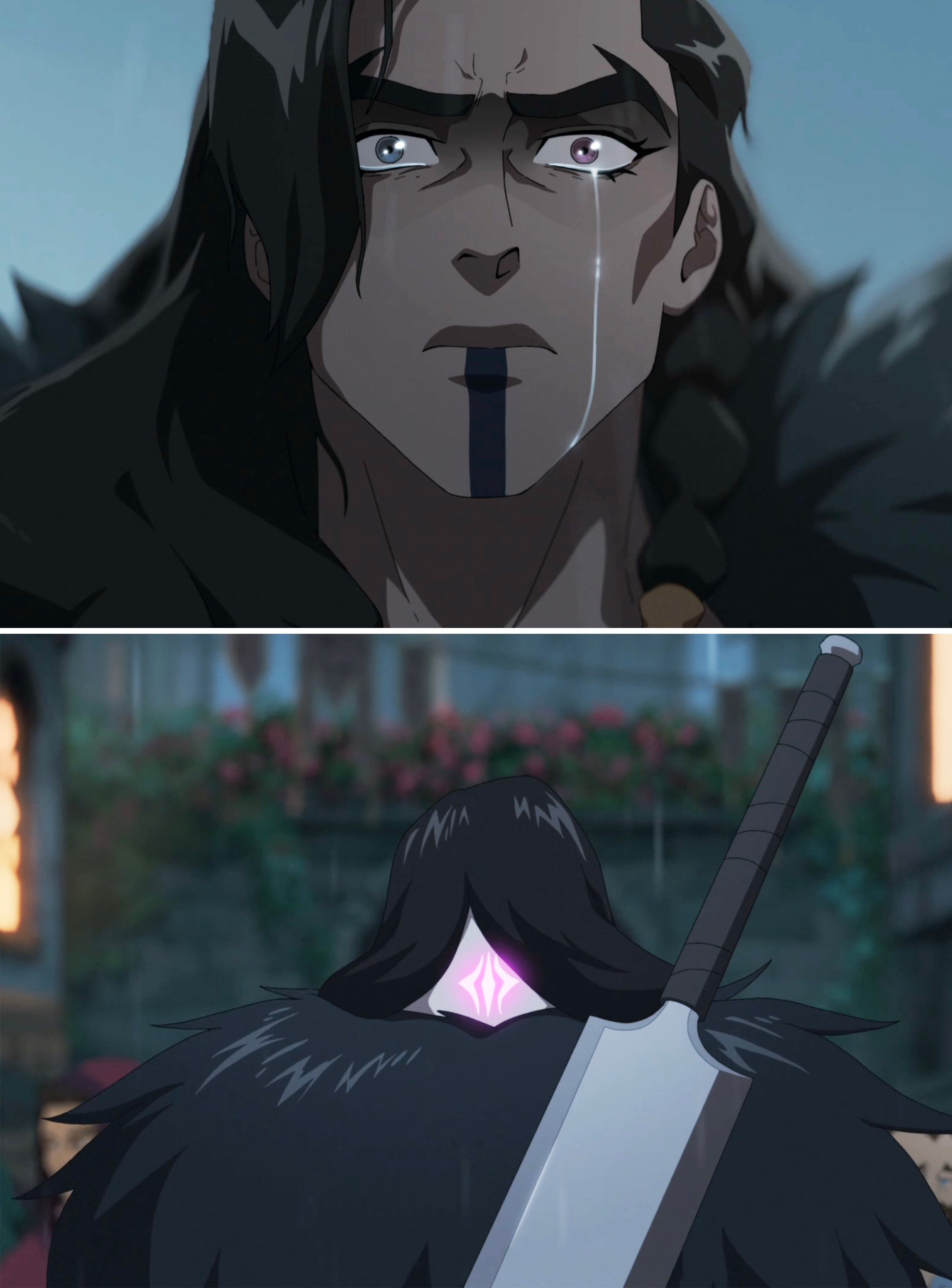 Animated quality  with a tattoo connected  the look   looks emotional. Below, the quality  is seen from behind, holding a ample  sword, with a glowing awesome    connected  the neck