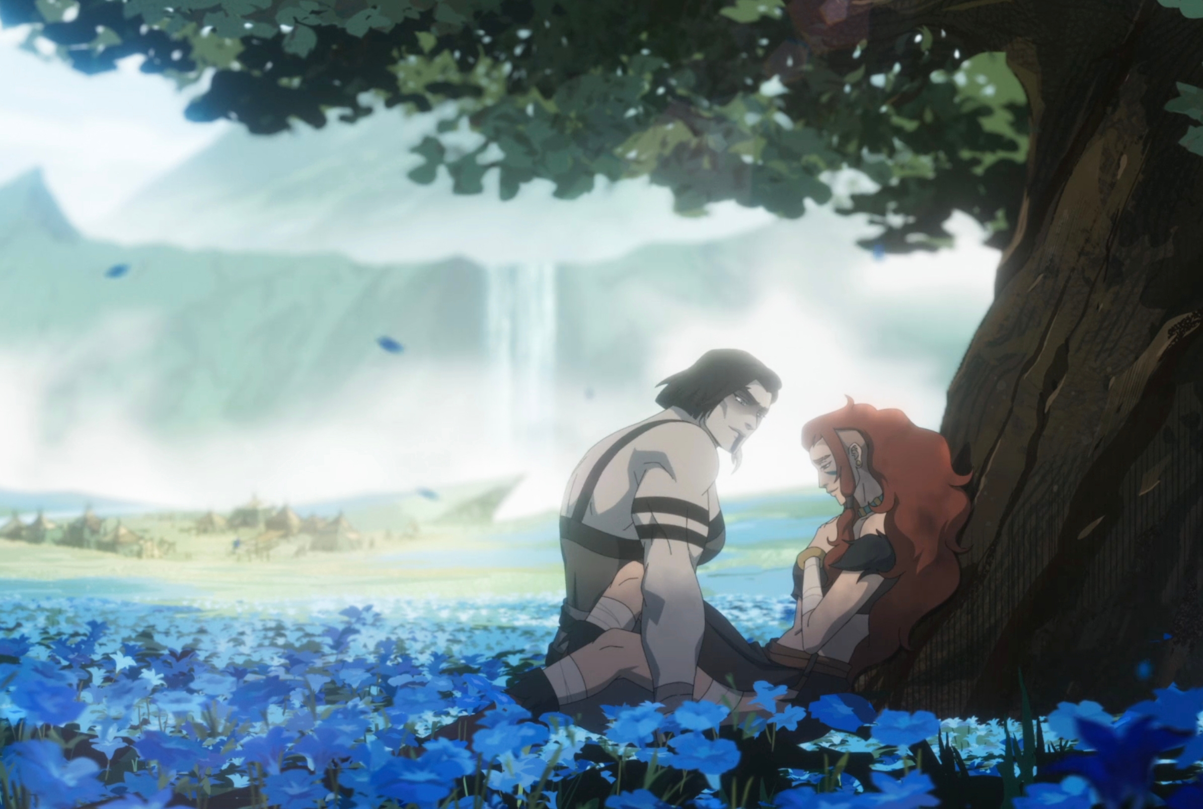 Animated country   of 2  characters sitting nether  a histrion   successful  a tract  of flowers, with mountains and a waterfall successful  the background