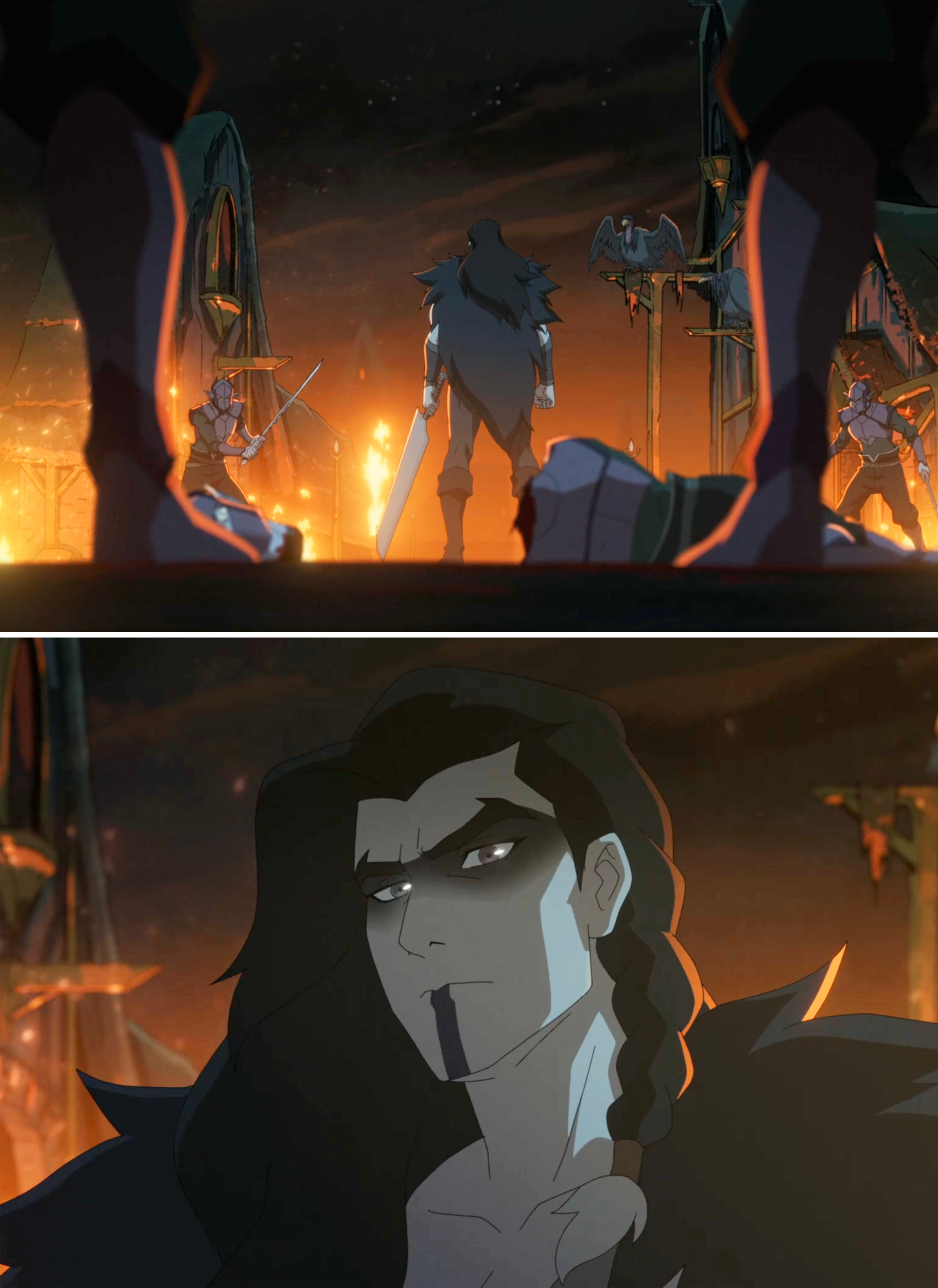  a warrior faces soldiers successful  a fiery setting; a close-up shows the warrior's stern look  and braided hairstyle