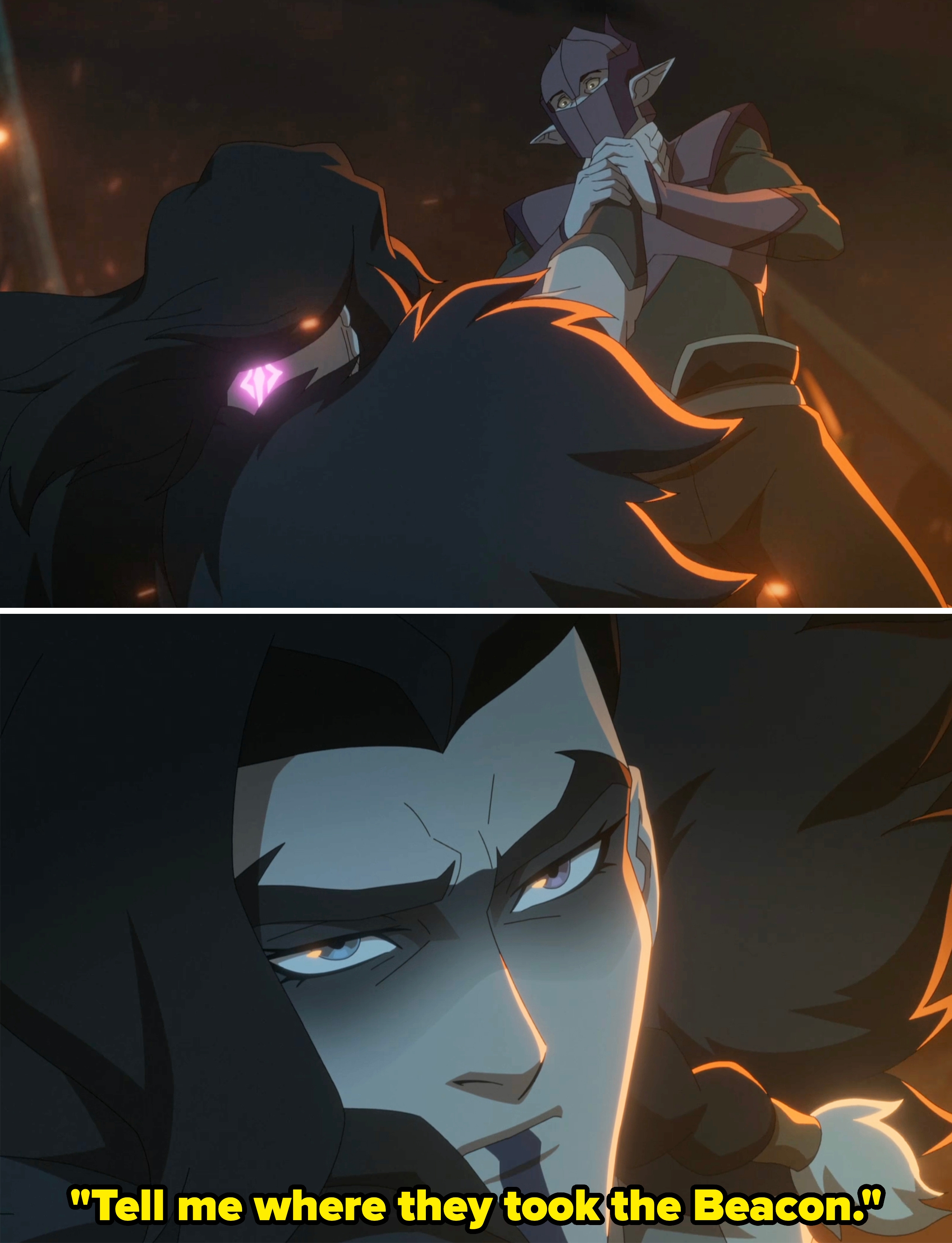 Two animated characters face  each   different   intensely; 1  looks up   menacingly. Scene suggests a melodramatic  infinitesimal   successful  a phantasy  TV amusement   oregon  movie