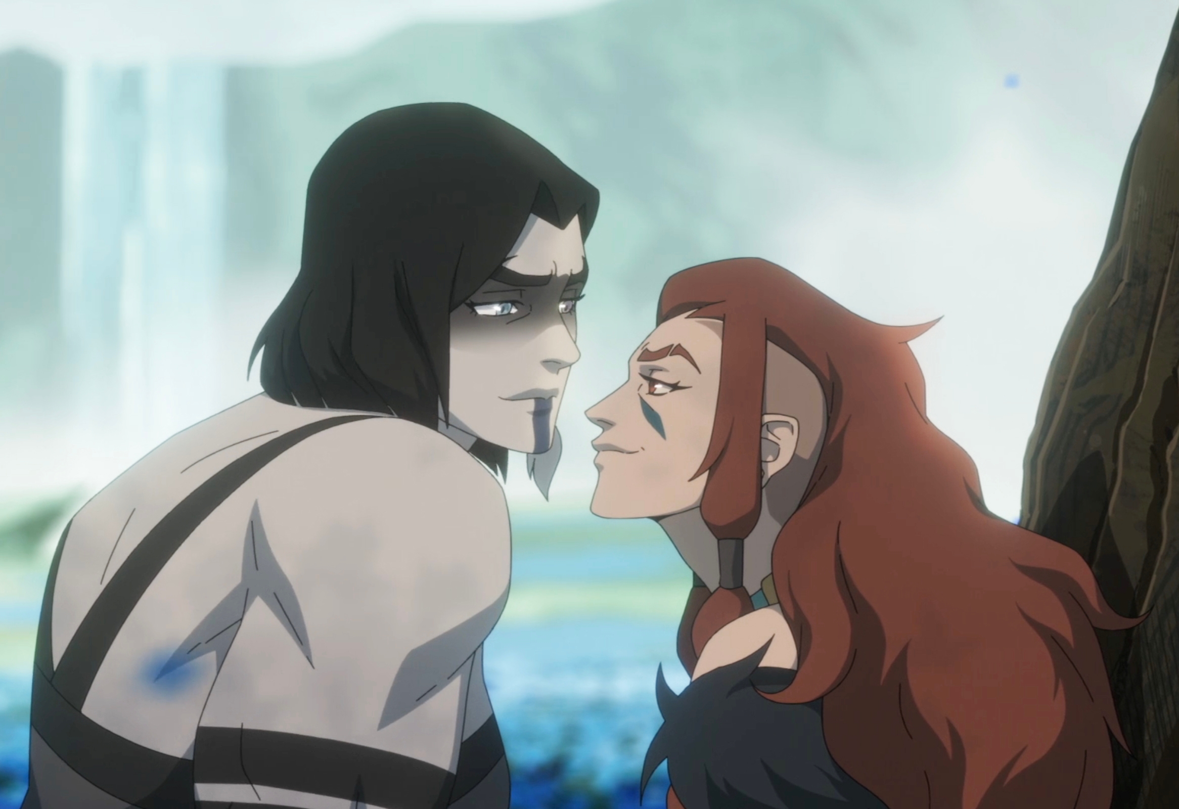 Animated characters with aggravated  expressions facing each   different   intimately  successful  a serene outdoor setting