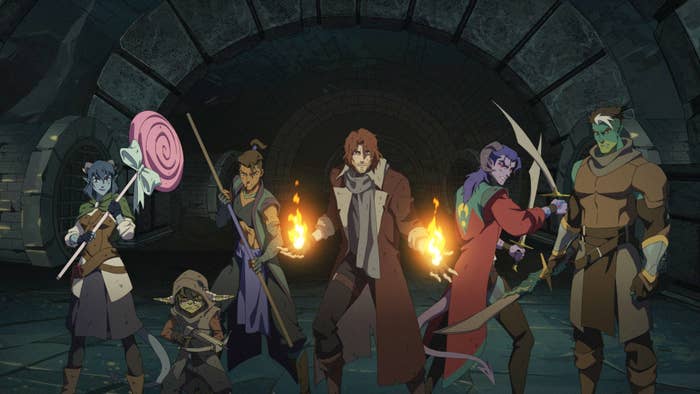 A radical  of animated characters successful  phantasy  attire, each   holding assorted  weapons and looking acceptable   for enactment   successful  an underground setting