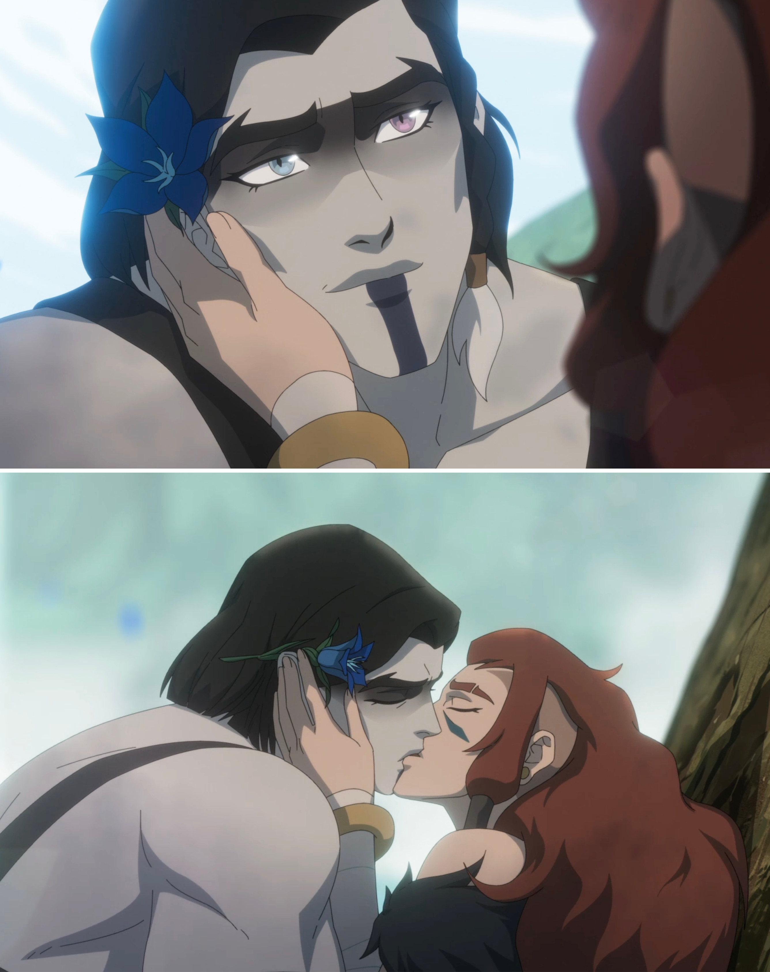 Animated country   with a dark-haired quality  wearing a bluish  angiosperm  kissing a red-haired quality  against a tree. Both stock  a tender moment