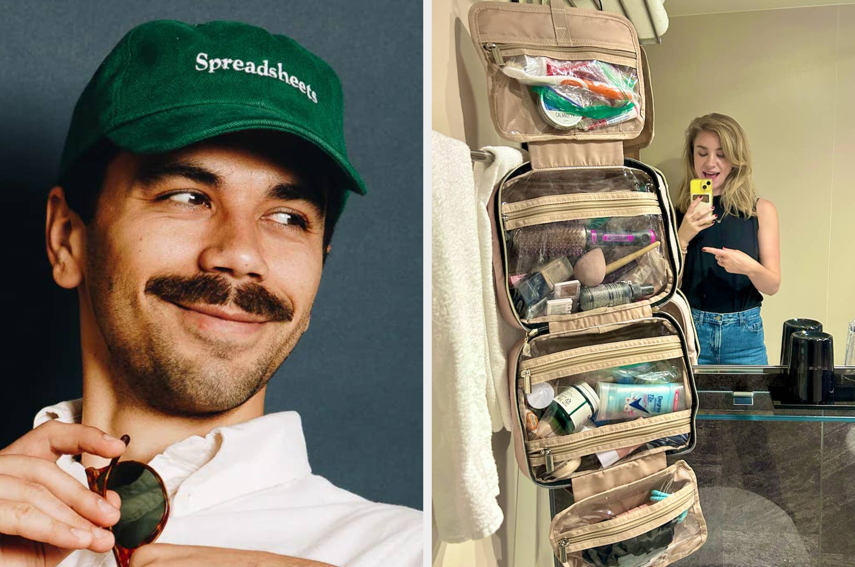 Man smiling with a mustache adjusting sunglasses; woman in bathroom pointing at a hanging toiletry organizer filled with various personal items