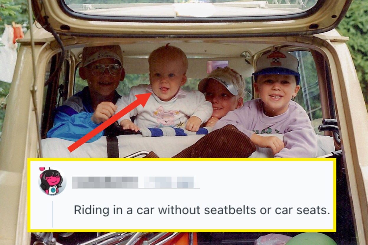 Four children sitting unrestrained in the back of an open car, highlighting past safety practices