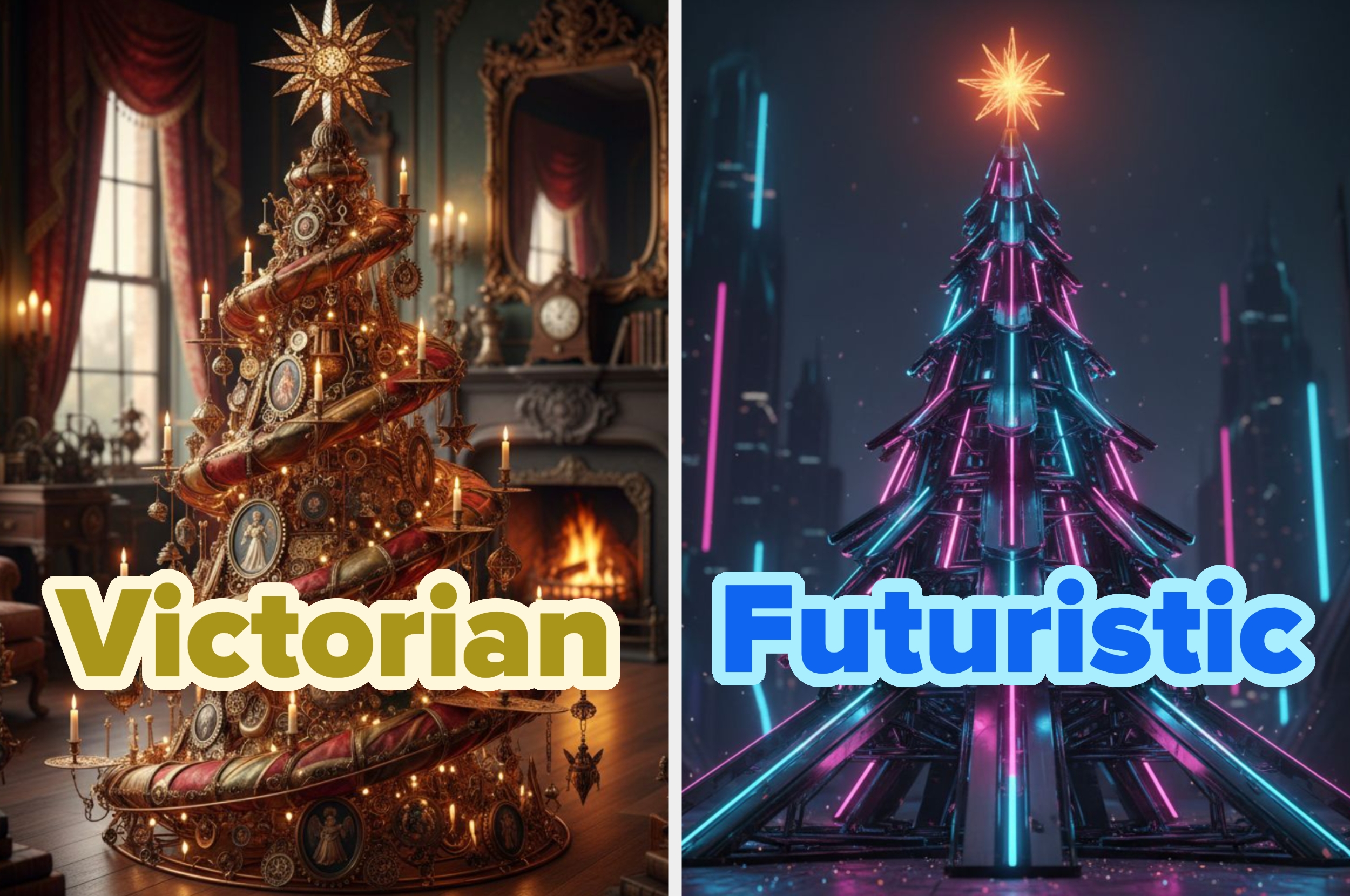 Victorian Christmas tree with clocks and candles beside a futuristic one with neon lights, set in contrasting settings