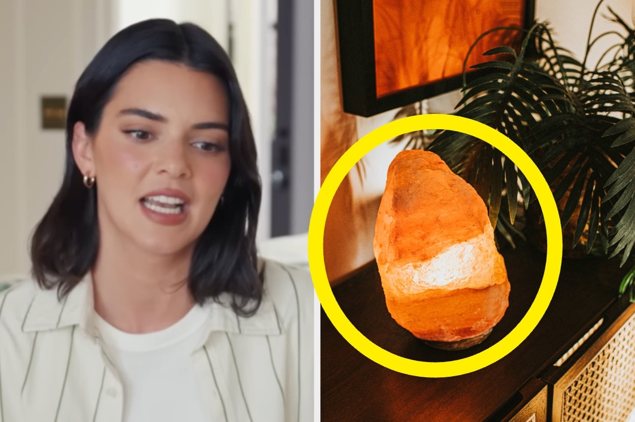 Person with medium-length hair speaks; a glowing salt lamp is circled in the background