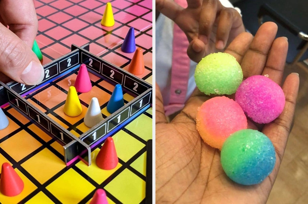 Split image: Left shows a close-up of a colorful board game in play; right shows a hand holding four textured, colorful balls likely for sensory play