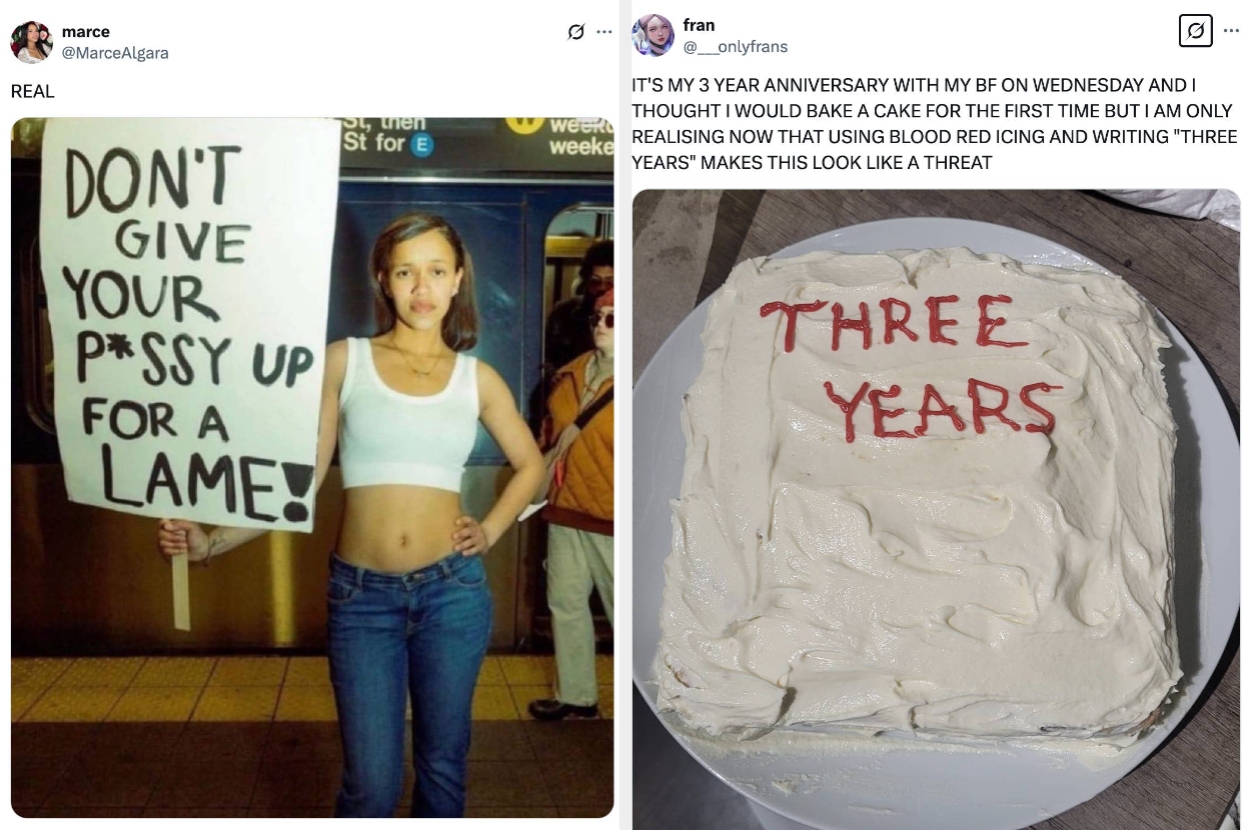 A woman holds a protest sign reading "Don't give your p***y up for a lame." Next, a cake with "Three Years" written on it in red icing