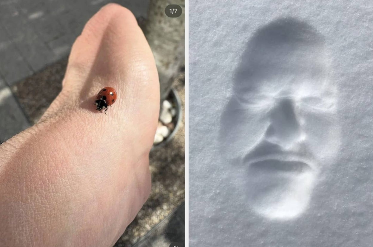 Left: Ladybug on a person's thumb outdoors. Right: Human face imprint in snow, showing closed eyes and serene expression