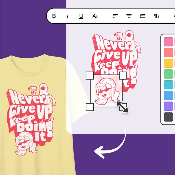 T-shirt design featuring a bold, motivational text: \"Never give up, keep doing it\" with a stylized character illustration