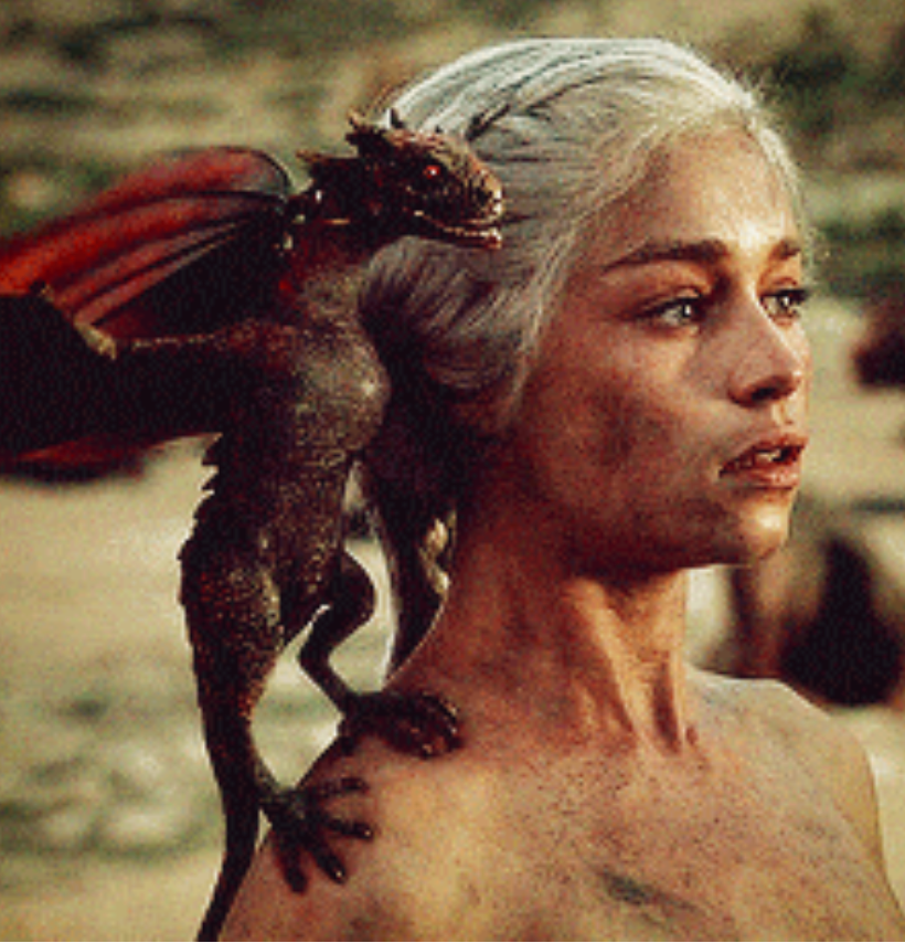 A pistillate   with braided hairsbreadth  stands extracurricular  with a tiny  dragon perched connected  her shoulder, gazing into the distance