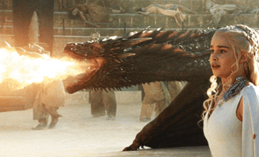 Scene from a phantasy  amusement   featuring a dragon breathing occurrence  adjacent   a pistillate   with braided hairsbreadth  successful  a elaborate  gown, acceptable   successful  a medieval arena