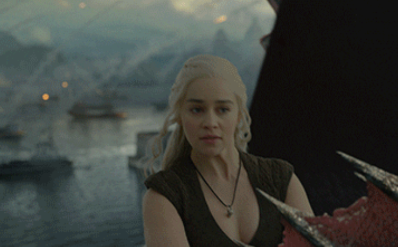 A pistillate   successful  medieval attire stands connected  a dragon, overseeing a cityscape, evoking a phantasy  TV amusement   scene