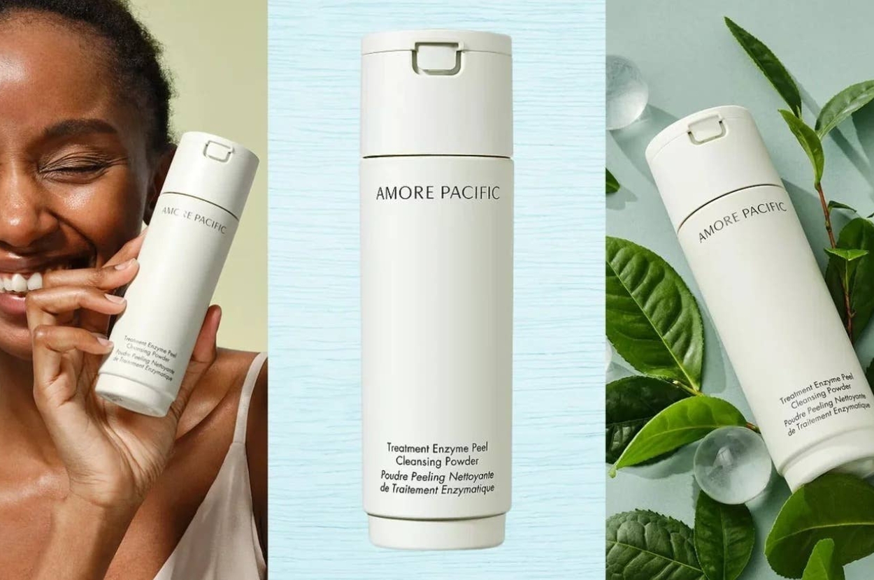 Amore Pacific enzyme peel powder held by a smiling person, shown next to leaves and skincare bottles in a beauty product ad