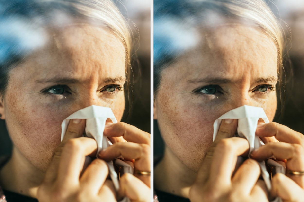 Person dabbing their nose with a tissue, looking concerned. The image suggests dealing with allergies or a cold