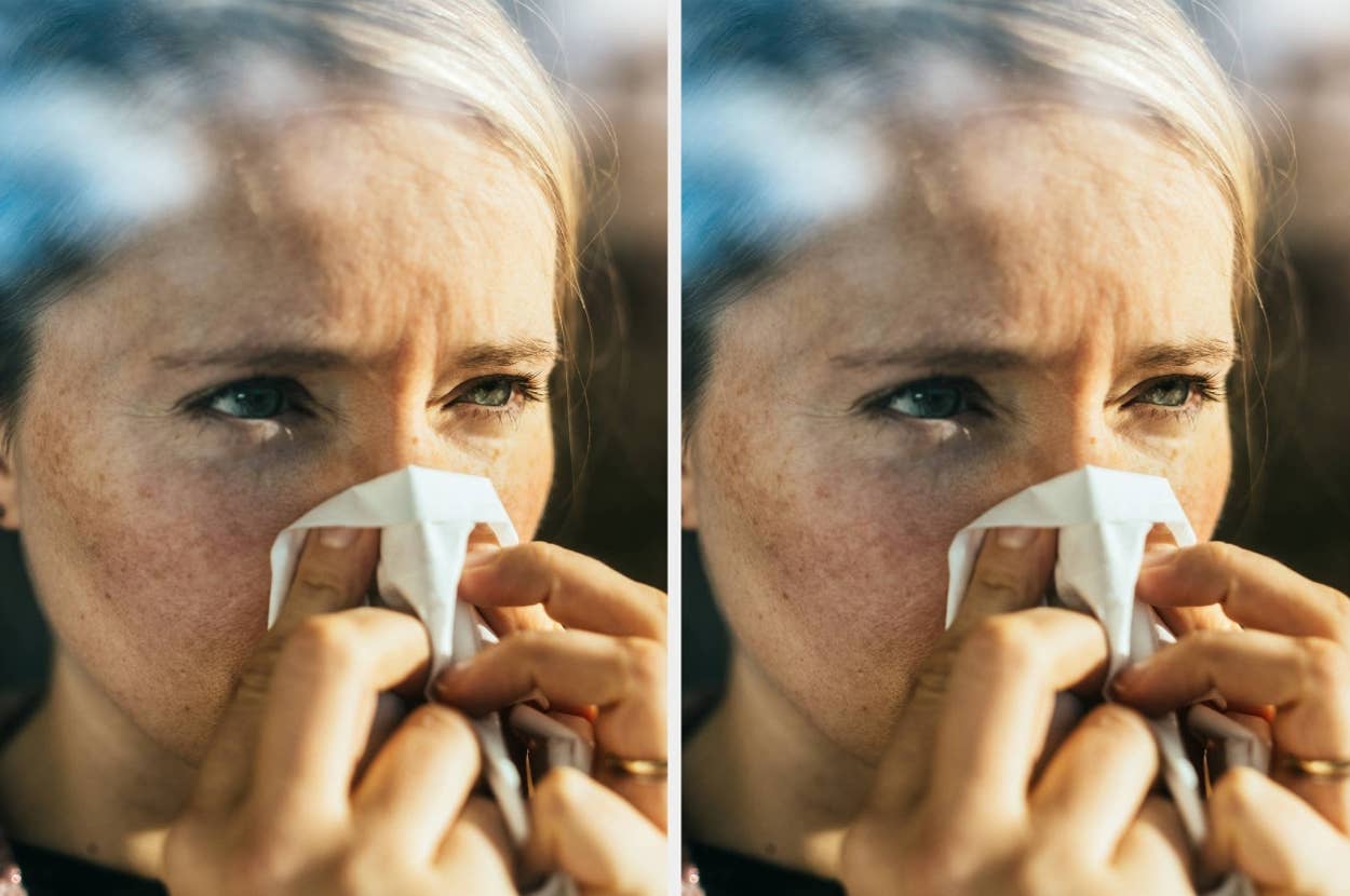 Person dabbing their nose with a tissue, looking concerned. The image suggests dealing with allergies or a cold