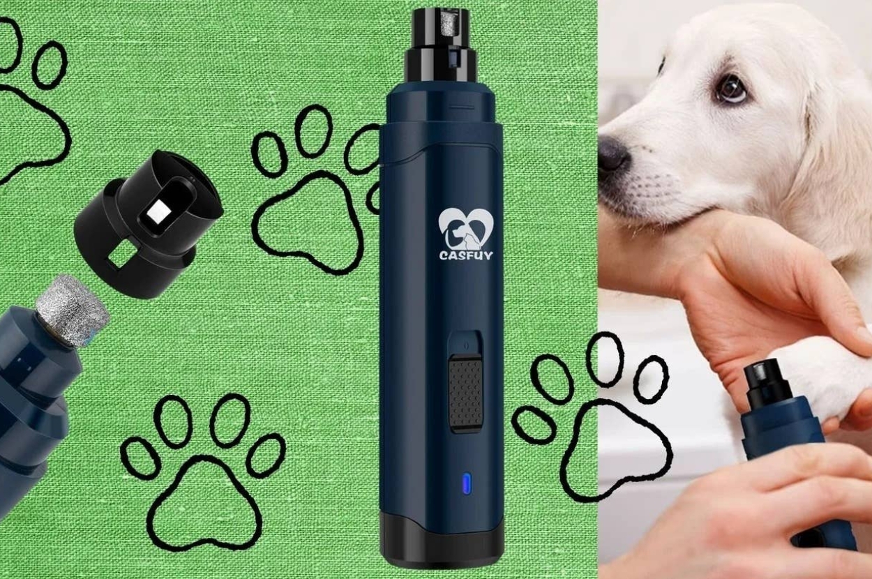 Pet nail grinder next to a puppy having its nails trimmed, with paw print graphics on a textured background
