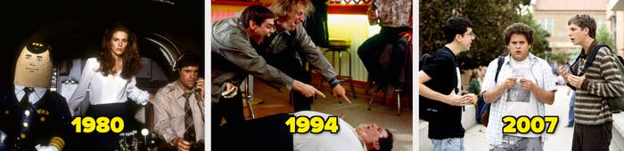  1980 shows a comedic airplane scene, 1994 features animated characters arguing, 2007 depicts teens successful  conversation