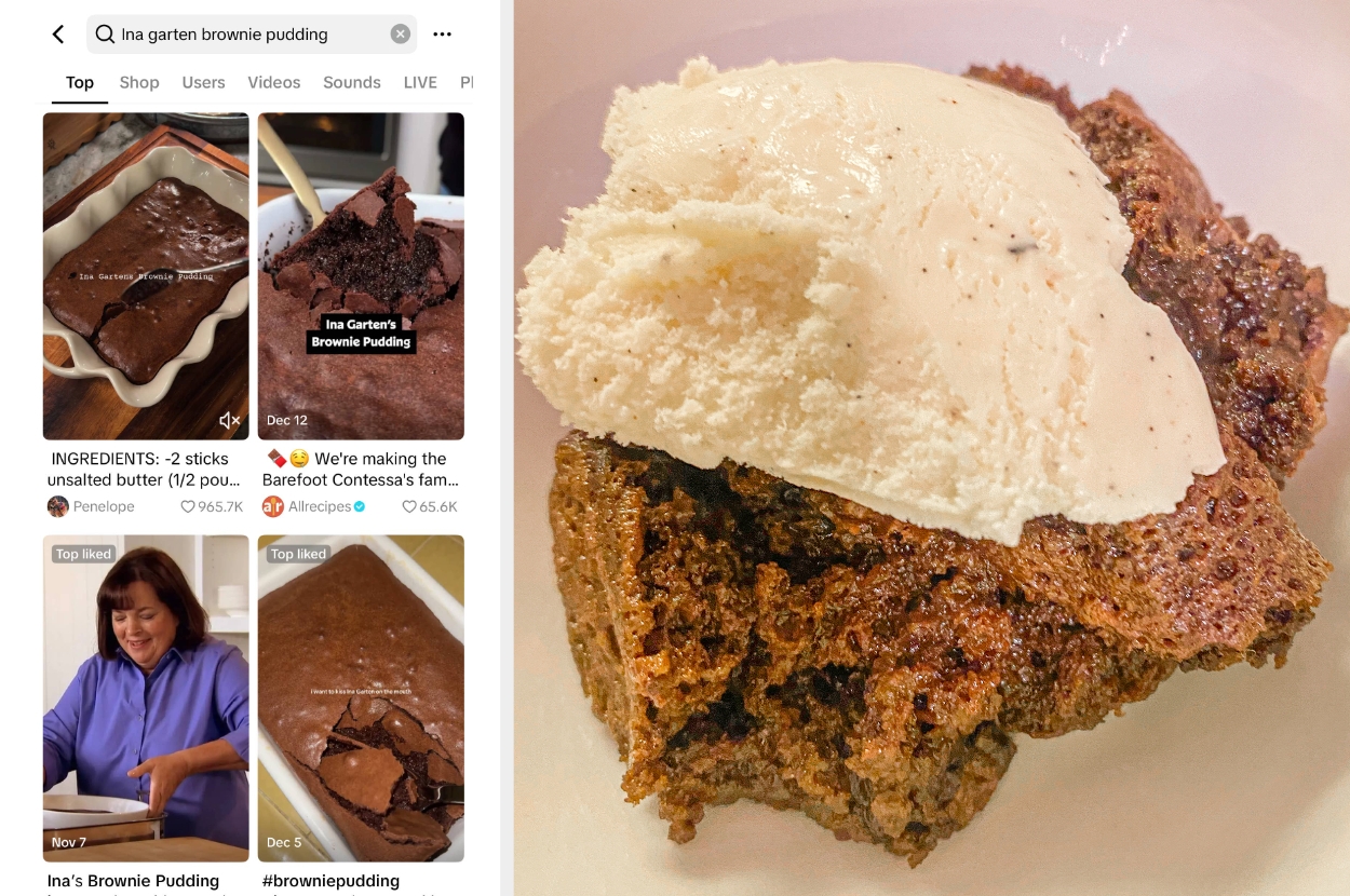 Brownie pudding topped with vanilla ice cream; side image shows step-by-step baking process and recipe ingredients
