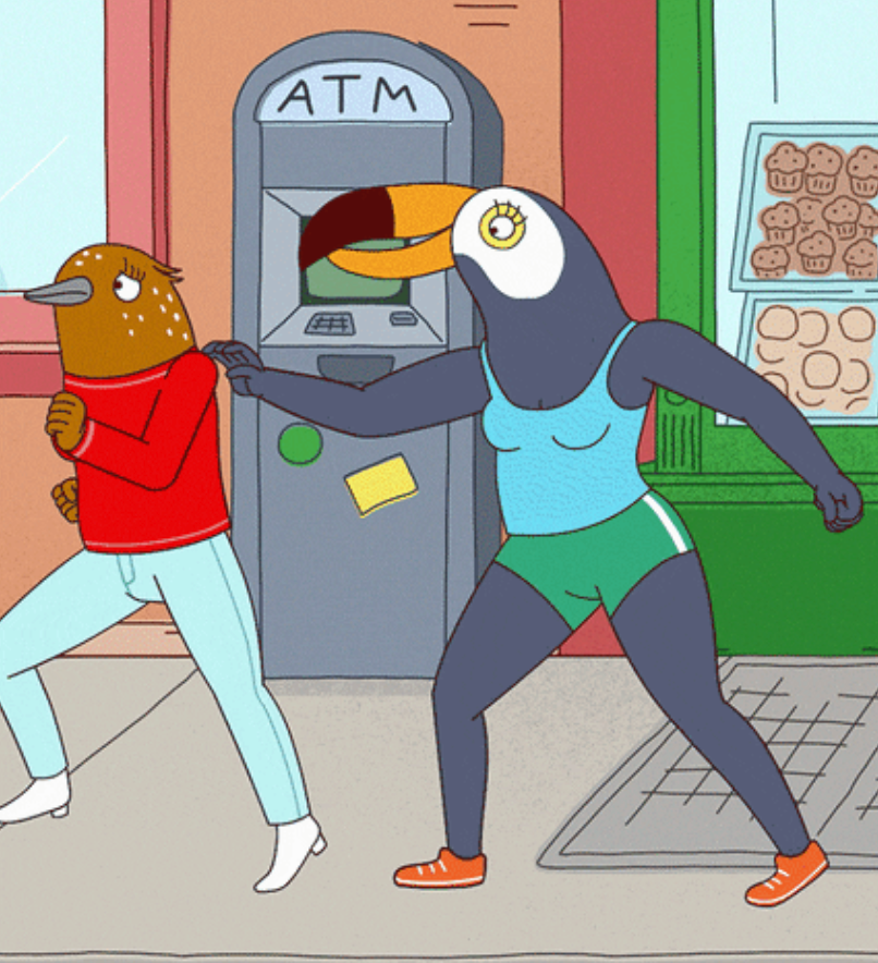 Anthropomorphic birds successful casual deterioration locomotion past an ATM and a bakery