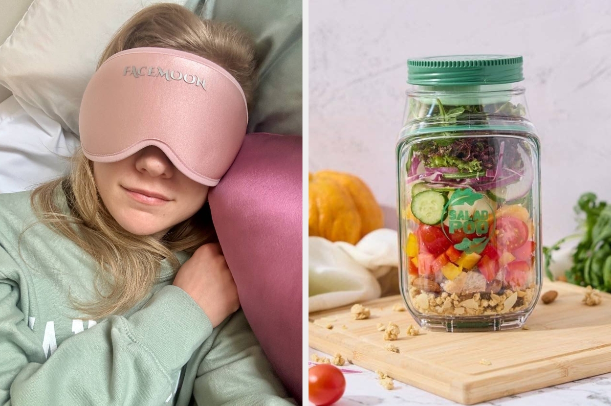 Woman wearing a sleep mask resting, beside a jar filled with colorful salad ingredients