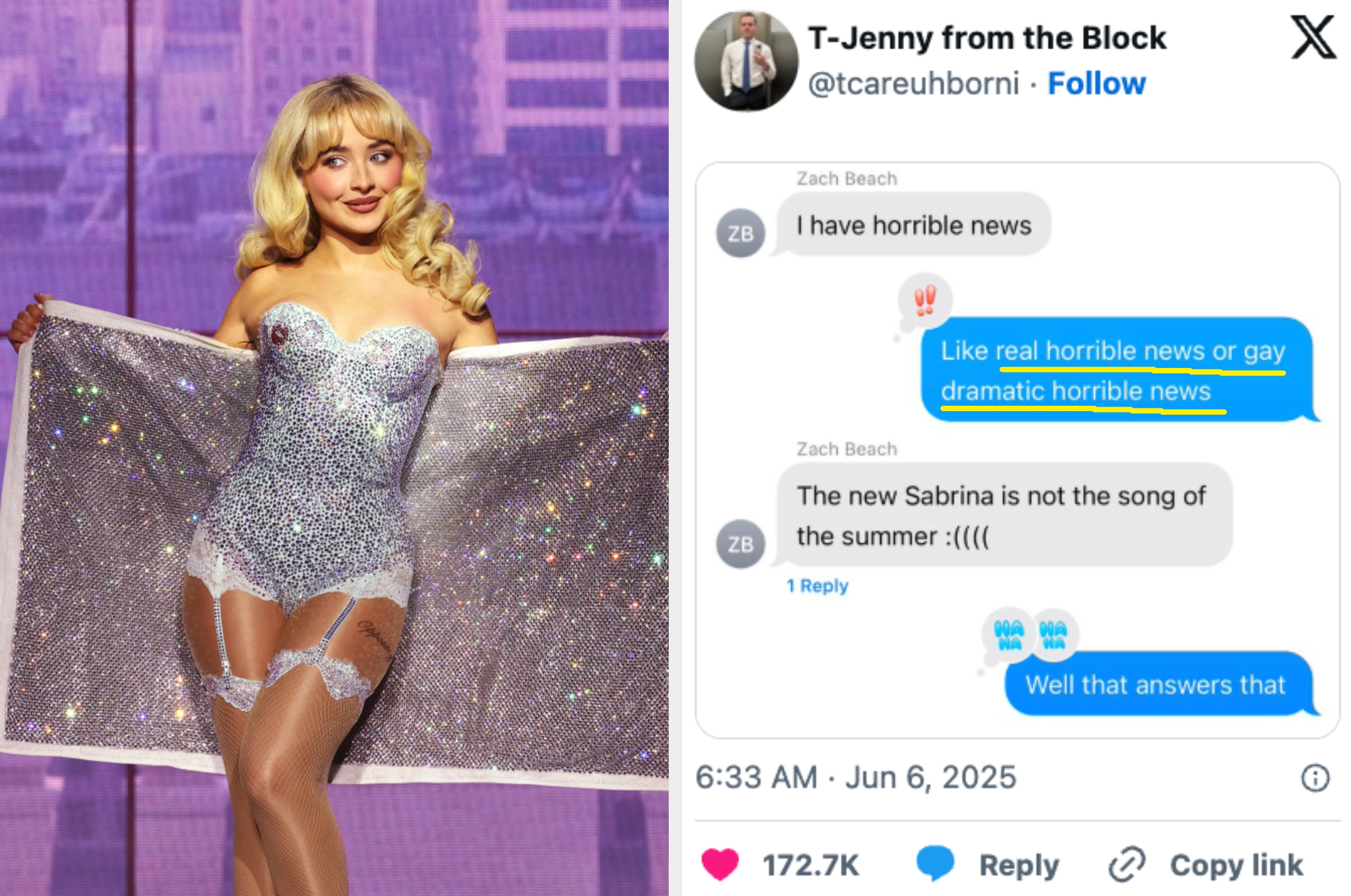 Person in sparkling outfit on stage, holding curtain. Screenshot of a humorous text conversation about a song not being the hit of the summer