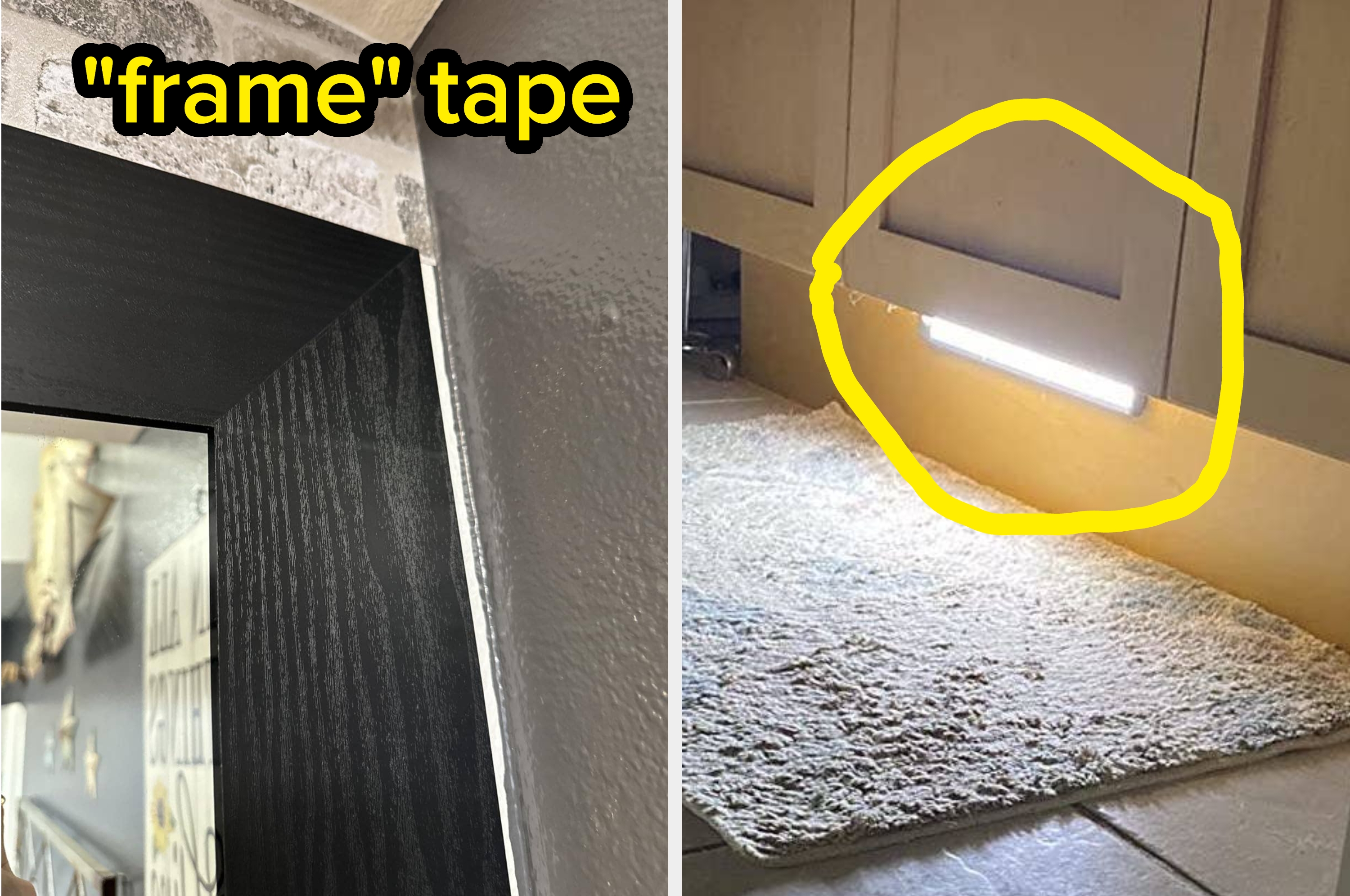 Left: Black tape neatly bordering a mirror. Right: LED strip light under kitchen cabinet above a white rug