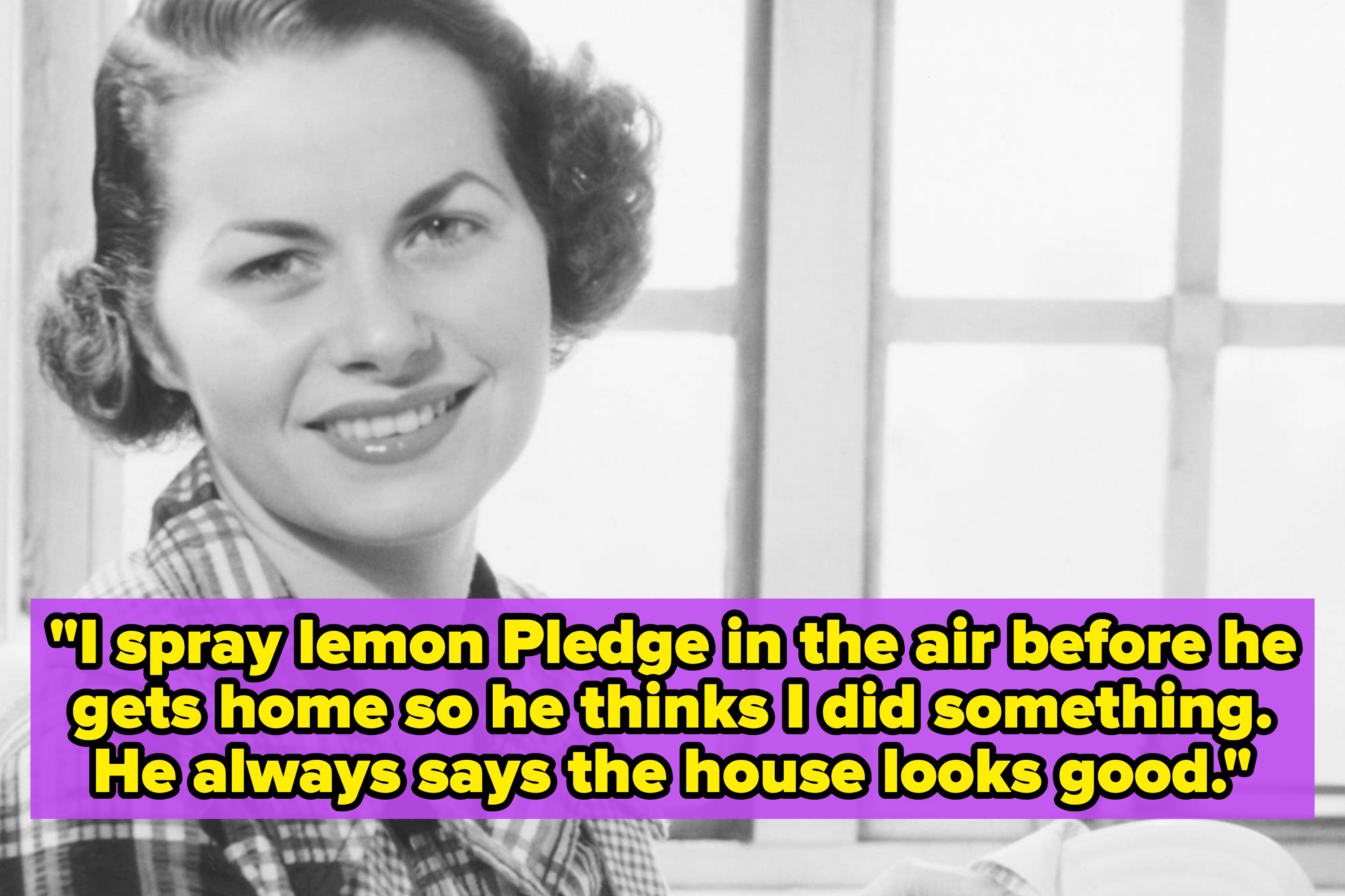 Woman in 1950s attire with a humorous quote about spraying lemon scent to make her house appear clean to her partner