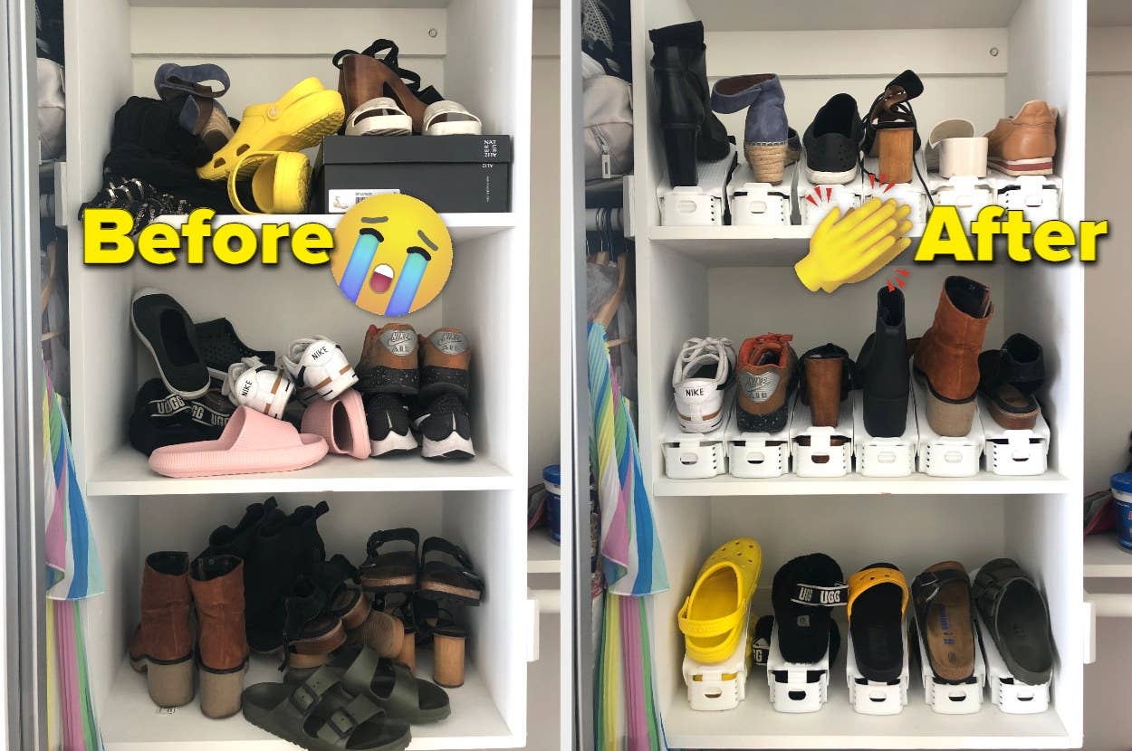 Before and after comparison of a shoe rack. The "Before" shows a disorganized collection, while the "After" displays neatly arranged shoes