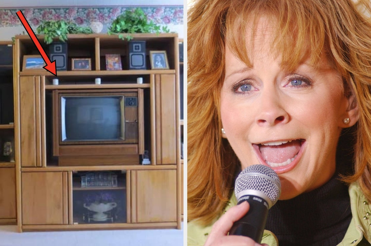 A retro TV in a wooden cabinet; a person singing into a microphone