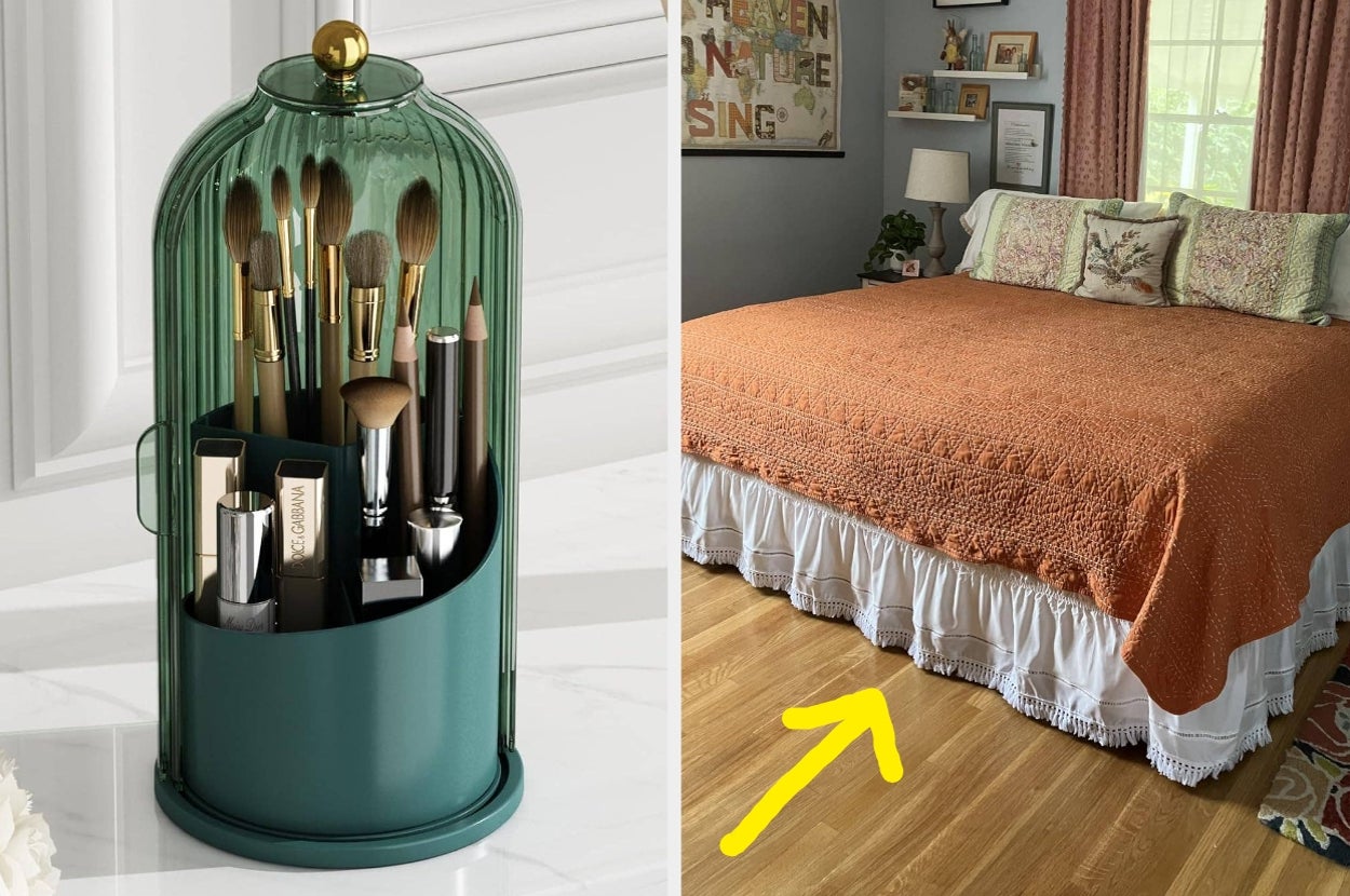 left: a tall twistable organizer with makeup brushes and other products inside; right: reviewer bed with an arrow pointing out the ruffled bed skirt