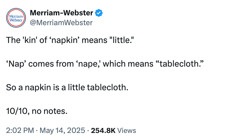 Tweet by Merriam-Webster explaining the etymology of "napkin" as "little tablecloth," noting "nap" from "nape," which means tablecloth