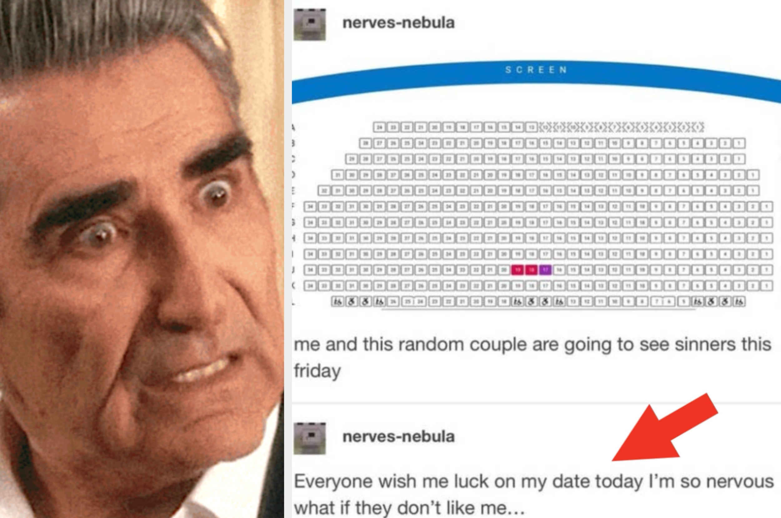 A surprised person is next to a humorous social media post about a nervous movie theater date plan