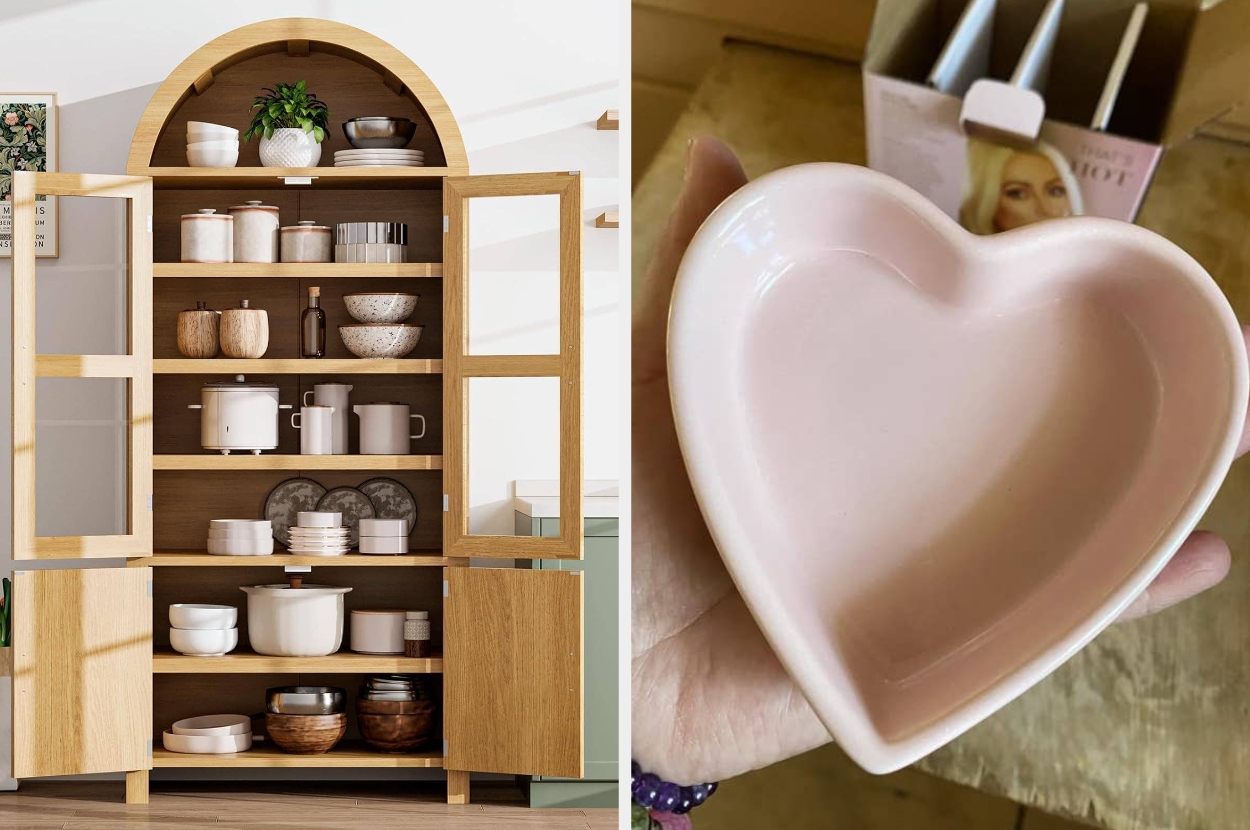 Left: Wooden cabinet with ceramic bowls and cookware. Right: Hand holding a heart-shaped ceramic dish, featured for a shopping article