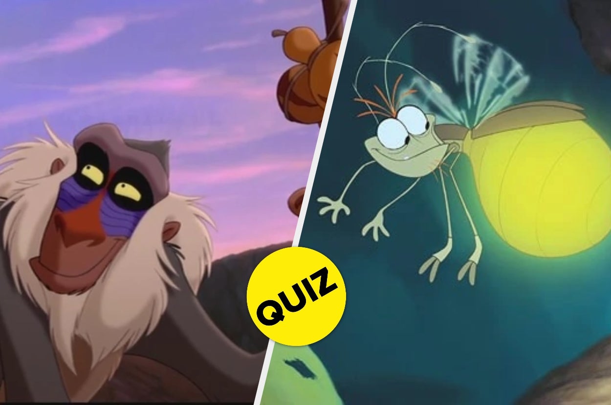 Animated characters Rafiki from "The Lion King" and Ray from "The Princess and the Frog" with a "Quiz" label
