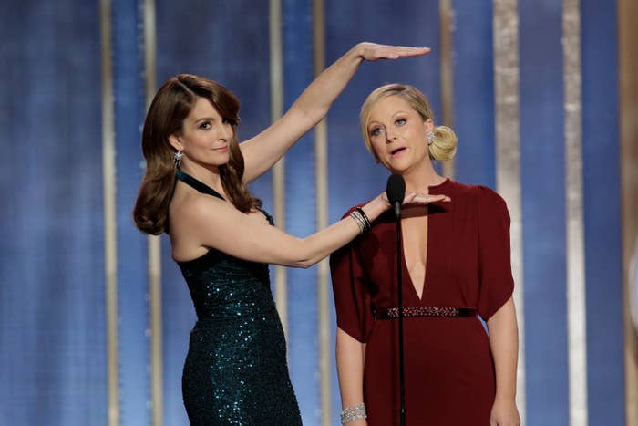 Amy Poehler and Tina Fey airs  humorously connected  stage; 1  gestures playfully astir   the other's head. Both deterioration  elegant evening gowns astatine  an grant  event