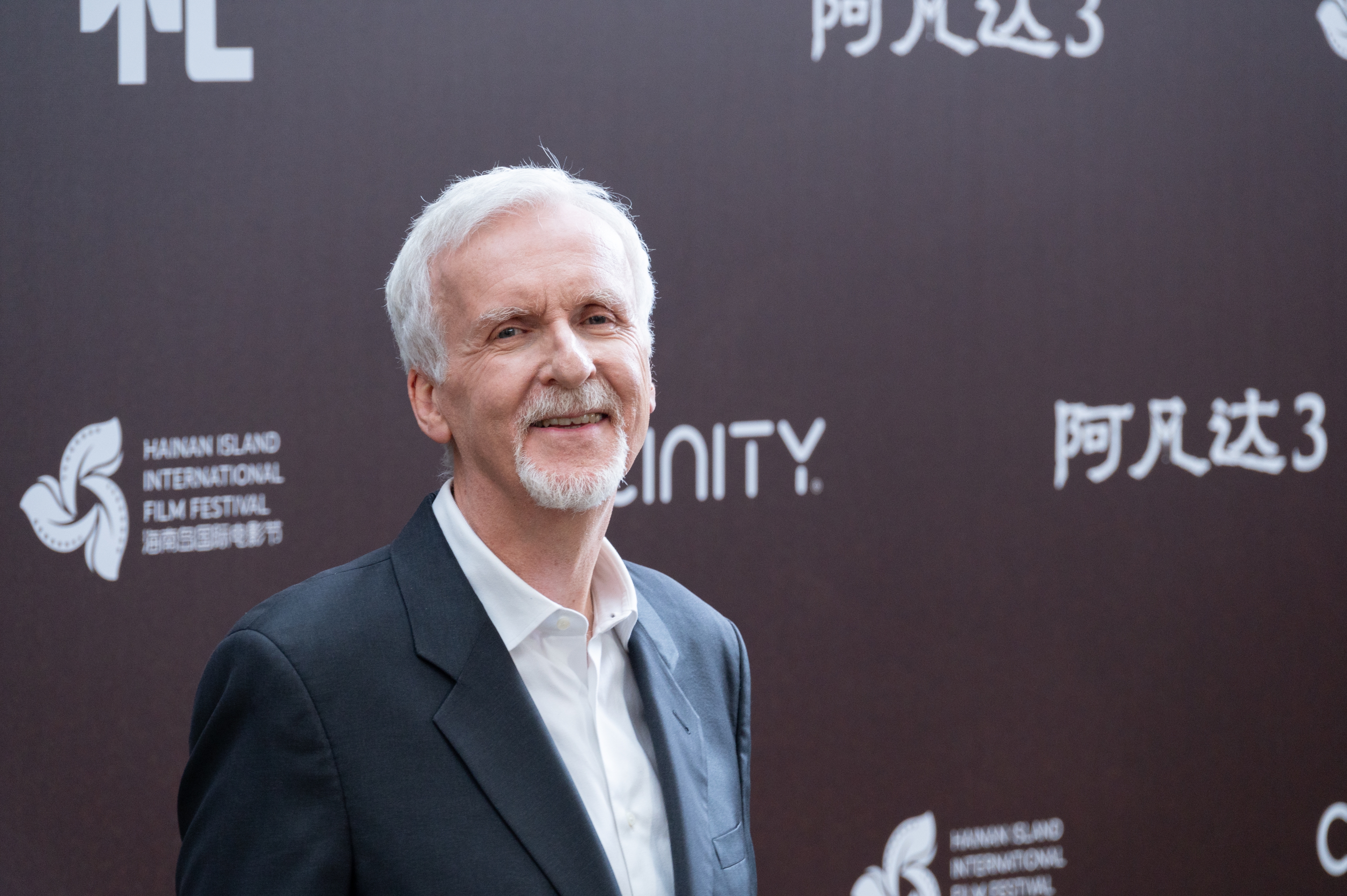 James Cameron successful  a suit   smiles connected  a reddish  carpet astatine  the Hainan Island International Film Festival