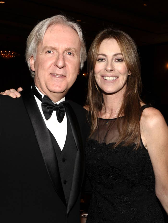 James Cameron and Kathryn Bigelow, 1  successful  a tuxedo and the different   successful  a sleeveless lace dress, grin  astatine  an event